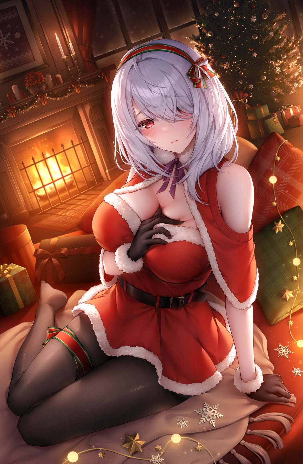Lewd/suggestive anime girl in xmas outfit sitting in front of a fireplace, art by おゆわり on Pixiv